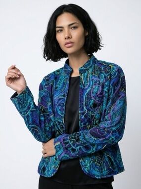Chico’s 100% Silk Embroidered and Beaded Mesh Cutout Paisley Jacket size 2 (L)